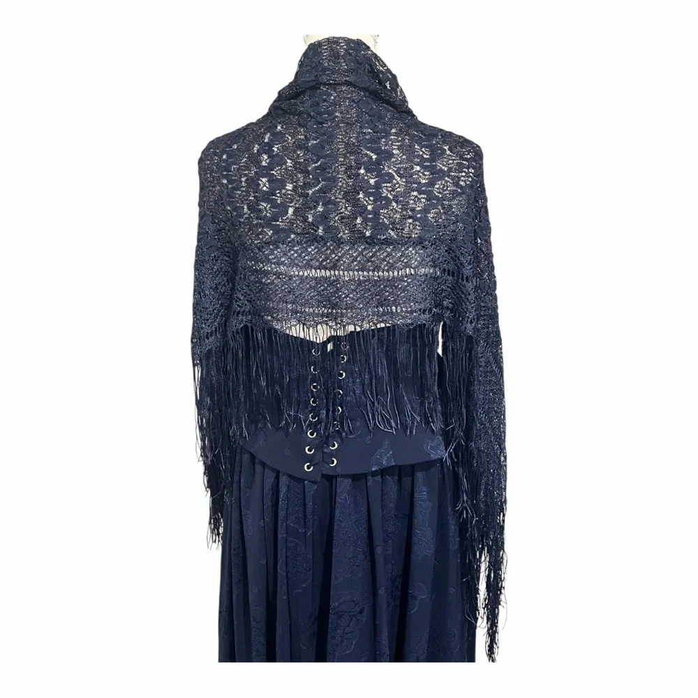 Elegant Knit Navy Lace Shawl with Fringe